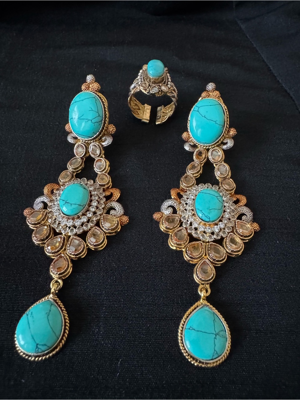Turquoise Statement Earrings and Ring Set - Gold-Tone Women's Jewelry